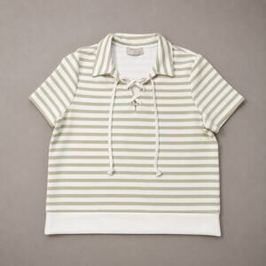 Women's | Striped Lace Up Neck Top -Olive Green